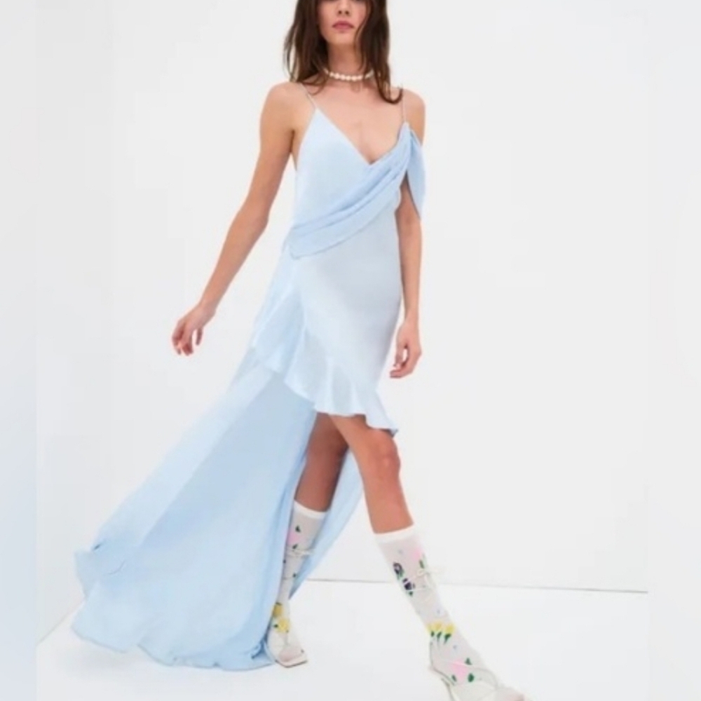 For Love & Lemons James Maxi Dress Light Blue Satin Bridal Fairycore NWT Size Lg